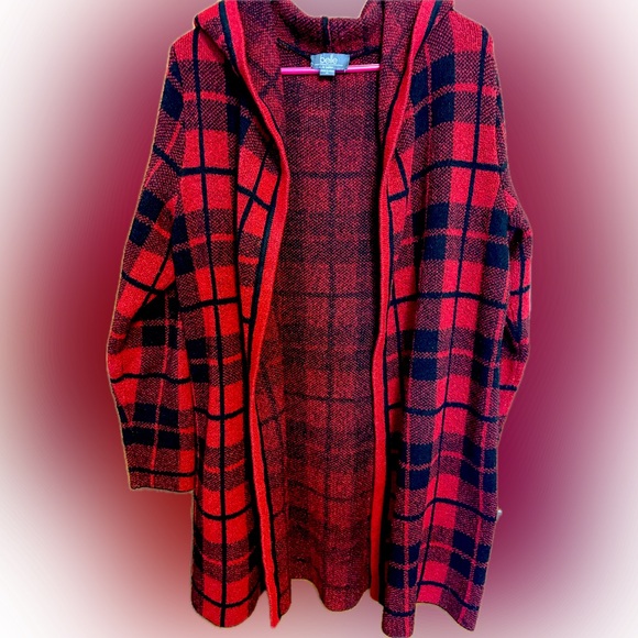 Sweaters - Belldini Women's Hooded Plaid Coatigan Sweater 1X